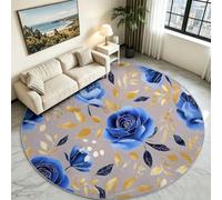 Générique Baroque Tapis Rond Chambre Enfant Tapis Effet 3D Poil Court et Doux Antidérapant pour Chambres à Coucher, Salle de Jeu Tapis Chambre Fille Garçon Ado Adulte, Ø 160 cm Roses Feuilles Dorées