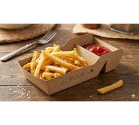 Générique Barquette Bateau Kraft 2 Compartiments - 520ml - Emballage Alimentaire Recyclable pour Frites, Snacks et Sauces (500)