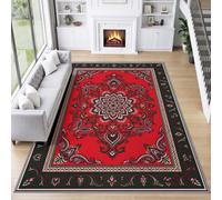 Générique Bohémien Ethnique Exotique Tapis Poil Court Lavable Antidérapant | Noir Rouge Mandala Tapis 160 x 230 cm pour Salon Chambre Salle a Manger D'enfant Décoration D'intérieur