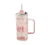 Générique Bow Gobelet en verre avec couvercle et paille, Verre à Eau,Gobelet en Verre Vintage 390 ml Tasse à Jus, rose arc verres à boire, verre polyvalent, cadeau élégant pour meilleure amie