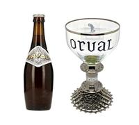 Générique Calice Orval - Art et Design Unique sur Piédestal en Engrenage de Chaîne de Vélo - Verre de Bière Trappiste.
