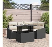 Générique Canape Jardin Modulaire 5 Pieces Poly Rotin Noir | Siege angle, siege central, 2 canapes avec accoudoirs, table, coussins fins, usage exterieur