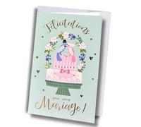 Générique Carte de Félicitations pour Mariage, Design Gâteau avec Oiseaux et Fleurs, Fond Menthe, avec Enveloppe