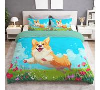 Générique Cartoon Corgi Housse de Couette 200 x 220 cm Joyeux Chien Fleur Parure de Lit Réversible avec Fermeture Éclair et 2 Taies d'oreiller,Chambre Décor Bleu
