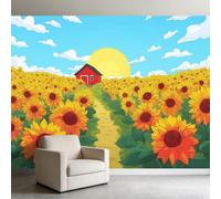 Générique Champ De Tournesol 3D Papier Peint Panoramique 200 x 140 cm Papier Peint Intissé, Murales Poster pour Salon, Chambre d'enfants Décoration, Murale Facile à Monter, Jaune Bleu