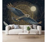 Générique Chouette Plume Lune Papier Peint Photo Intissé 400x280 cm | Pour les Chambres d'enfants Salon, Fantaisie Art Mystère Papier Peint Panoramique Mural