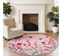 Générique Classique Floral Botanique Tapis Rond Enfant 90 cm, Lavable & Antidérapant, Rose Élégant Animal Papillon Tapis de Jeux Doux pour Chambre Bébé & Nurserie