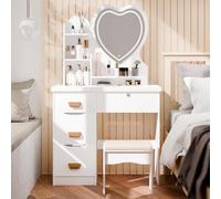 Générique Coiffeuse avec Miroir LED en Forme de Cœur et Tabouret | Coiffeuse Blanche en Bois avec 4 Tiroirs et Étagères de Rangement | Table de Maquillage avec Lumière