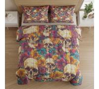 Générique Couette 180x200 cm 2 Personnes Crâne Gothique 4 Saisons | Fleurs Roses Et Jaunes, Microfibre Douce, Garnissage en Coton Lavé, 2 Taies d’oreiller, Matelassage en Carreaux-AS93