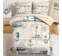 Générique Couette 200x200 Éléments Nautiques Rétro Ensemble de Literie en Microfibre, 1 Edredon et 2 Taies d'oreiller 65x65, 4 Saisons X1834