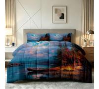 Générique Couette 220 x 240 cm Imprimée Enfant - 4 Saisons, Couette 2 Personnes Forêt Camping, 2 Taies d'oreiller 65x65, Lac Bateau Edredon Douce Confortable Microfibre Douce sans Housse