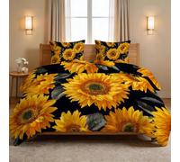 Générique Couette 4 Saisons 140 x 200 cm Noir, Couette Imprimée Campagne Rustique pour lit 1 Personne, Édredon Réversible sans Housse Fleurs Tournesol - Douce Légère 300GSM avec 2 Taies d'oreiller
