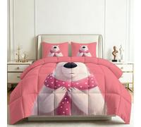 Générique Couette 4 Saisons 155x220 cm Écharpe Pois Roses Animal Ours Polaire, Couette Imprimée Cartoon pour Lit 1 Personnes, Édredon Réversible Légère et Chaude Doux avec 2 Taie d'oreiller 65x65 cm