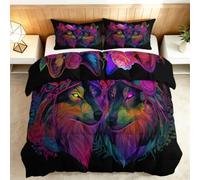 Générique Couette Coton 160x200cm Loup Aux Fleurs Colorées Couette matelassée Extra Douce et Respirante, Hypoallergénique, 2 Taies d'oreiller 65x65 cm, Couverture d'hiver, Lavable