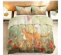 Générique Couette Coton 160x200cm Parterre De Fleurs Animal Papillon Chat Couette matelassée Extra Douce et Respirante, Hypoallergénique, 2 Taies d'oreiller 65x65 cm, Couverture d'hiver, Lavable