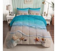 Générique Couette D'été 220x240 cm Côte Mer Imprimée 4 Saisons pour Lit 2 Personnes, Plage Étoile Mer Couette sans Houss et 2 Taies d'oreiller, Edredon Réversible Chaud
