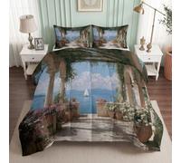 Générique Couette D'été 220x240 cm Méditerranéen Côte Imprimée 4 Saisons pour Lit 2 Personnes, Paysage Marin Jardin Floral Couette sans Houss et 2 Taies d'oreiller, Edredon Réversible Chaud