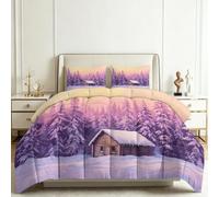 Générique Couette Imprimé Cabane Neige Forêt Verte 155x220 cm 4 Saisons pour Lit 1 Personnes, Édredon Réversible Campagne, Parure de Lit Microfibre Douce et Respirante avec 2 Taie d'oreiller 65x65 cm