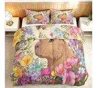 Générique Couette Imprimée 3D 160x200cm Fleurs De Dessin Animé Capybara Couette en Duvet 4 Saisons Chaudes Légère, Down Alternative Réversible avec 2 Taies d'oreiller 65x65, Lavable en Machine