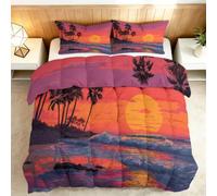 Générique Couette Réversible 140x200cm Vue sur La Plage Au Coucher du Soleil Couette 4 Saisons Couettes Matelassée Dessus De Lit Boutis Couvre-Lit Édredon Couettes Chaude Épais Imprimée Pompon