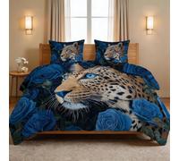 Générique Couette Réversible 240 x 260 cm Fantaisie Floral, Couette 4 Saisons Hypoallergénique, Respirante et Super Douce, Léopard Rose Bleue Feuillage - Édredon Matelassé avec 2 Taies d'oreiller