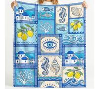 Générique Couverture en Flanelle Douce Coastal Vintage Poisson Hippocampe Corail Coquillage Vague - Couverture Super Chaude Haute Qualité Poils Confortables pour Canapé 180cm x 200cm