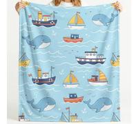 Générique Couverture en Flanelle Douce Nautical Playful Bateau Baleine Vague Histoire Motif - Couverture Super Chaude Haute Qualité Poils Confortables pour Canapé 130cm x 150cm