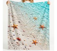 Générique Couverture Polaire Beach Natural Coquillage Étoile de mer Crabe Vague océanique Moelleuse Douce et Chaude Couverture de Voyage, pour Chambre à Coucher Salon Bureau 150cm x 150cm