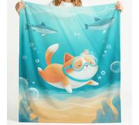 Générique Couverture Polaire Cat Diving sous-Marin Bulle Requin Lumière du Soleil Aventure Moelleuse Douce et Chaude Couverture de Voyage, pour Chambre à Coucher Salon Bureau 150cm x 200cm