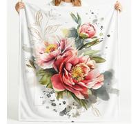 Générique Couverture Polaire Peony Ink Art Fleur Feuille Tige Coup de Pinceau Oriental Moelleuse Douce et Chaude Couverture de Voyage, pour Chambre à Coucher Salon Bureau 150cm x 150cm
