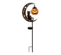 Générique Décorations d'halloween Extérieur, Piquet Solaire Jardin Lune Croissante Chat Noir avec Lanterne Citrouille Jack O'Lantern, Lampadaire Décoratif LED Étanche
