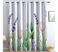 Générique Élégance Art Fleurs Lavande Rideau Occultant 140 x 225 cm Thermique Lot de 2 Rideaux Opaque à Oeillets pour Fenetre Chambre Salon Chambre Enfant, Vert Pâle