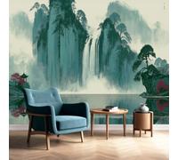 Générique Encre et Lavis Papier Peint Panoramique Cascade Lac Papier Peint Chinois Intissé Salon Chambre Mural Décoration 350 x 256 cm