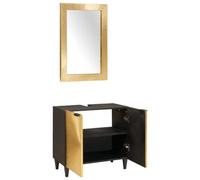 Générique Ensemble Armoire Salle de Bain 2 Pc Noir et Laiton avec Miroir | Bois de manguier massif,revêtement laiton,portes à charnières,poignées tasse,miroir coordonné,nettoyage chiffon humide