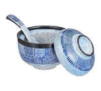 Générique Ensemble Bol Japonerie en Céramique Bleue Couvercle et Cuillère, Bol à Soupe Miso Pratique pour Maison ou Buffet, Résiste Chaud et Froid