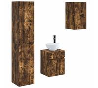 Générique Ensemble de Meuble de Salle de Bain 3 Pièces Chêne Fumé Mural | Lavabo et robinet inclus,étagères personnalisables,porte réversible,bois d'ingénierie,forets inclus