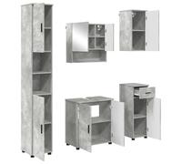 Générique Ensemble de Meubles de Salle de Bain 5 pièces Gris béton | Meuble lavabo,meuble miroir,bois d'ingénierie,design mural,poignées en barre,rangement ouvert et fermé