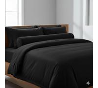 Générique Ensemble Parure de Couette 5 Pièces Unie 220 x 240 cm 100% Coton 57 Fils/cm² + Drap Housse 160x200 cm + 2 Taies d’Oreiller 50x70 cm + Taie Traversin - Fermeture Bouton (Noir)