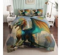 Générique Fantasy Jeu Couette Imprimée 200x200 cm, Réversible Couette Couverture pour 4 Saisons Respirante et Douce, Édredon avec 2 Taies d'oreiller, pour lit 2 Personnes, Créature Dragon
