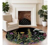 Générique Floral Chardons Pensées Tapis Rond Enfant 180 cm, Lavable & Antidérapant, Noir Maximalisme Glamour Tapis de Jeux Doux pour Chambre Bébé & Nurserie