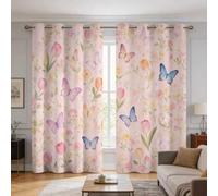 Générique Floraux Papillons Roses Rideau Occultant, L 140 x H 200 | Motif Aquarelle Tulipes Fleurs Rideaux Imprimé, Decoration Chambre Salon, à Oeillets, Lot de 2 H&119
