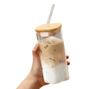 Générique Gobelets en Verre Transparent avec Couvercle et Paille, 400ml Tasses en Verre en Forme de Canette Réutilisable, Easy to Clean matcha Cup,Bubble Tea Cup,Tasses Pour Juice,Coffee (Jaune)