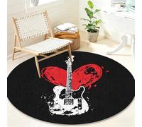 Générique Guitare Tapis Rond Lavable Antidérapant, Musique Rond Tapis 120 cm Doux à Poil Ras pour Salon Chambre Bureau, Cœur Rouge Tapis Circulaire Décoration Intérieure