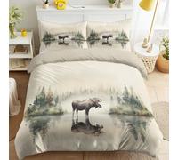 Générique Housse de Couette 140 x 190 cm Nature Animal Motif, Beige Réversible Sets de Housses de Couettes, Adulte Cadeau, Élan Cerf Forêt Lac Serein Paisible Parure de lit 120g/㎡ Microfibre