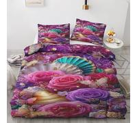 Générique Housse de Couette 140x200 cm Fleur Rose Parure de Lit 1 Personnes Coquillage Papillon Floral Romantique, Housse Couette Imprimé Réversible avec 2 Taies d'oreiller 65x65 cm