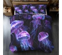 Générique Housse de Couette 140x200 Méduse Violet Parure de Lit 140x200 Vie Marine Psychédélique, Douce Microfibre Housse de Couette Simple avec 1 Taie Oreiller, Zippée M24