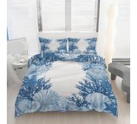 Générique Housse de Couette 160x200 Corail Bleu Imprimé Coquillage Parure de lit Réversible Microfibre avec Fermeture Éclair, 2 Personnes, Ensemble de Literie 3 Pièces et 2 Taies d'oreiller x1S34k