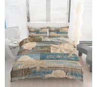 Générique Housse de Couette 160x200 Étoile de Mer Coquillage Imprimé Grain de Bois Parure de lit Réversible Microfibre avec Fermeture Éclair, Ensemble de Literie 3 Pièces et 2 Taies d'oreiller x1S4k