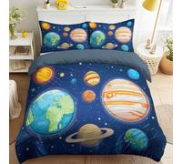 Générique Housse de Couette 200 x 200 cm Dessin Animé Céleste avec 2 Taies d'oreiller - Parure de Lit Éducatif Astronomie Espace Planète en Microfibre - avec Fermeture Éclair, Bleu