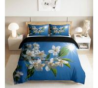Générique Housse de Couette 200 x 200 cm Plantes Fleurs Soleil Élégance Microfibre Douce Parure de lit Imprimée en 3D avec 2 Taies d'oreiller avec Fermeture Éclair, Bleu